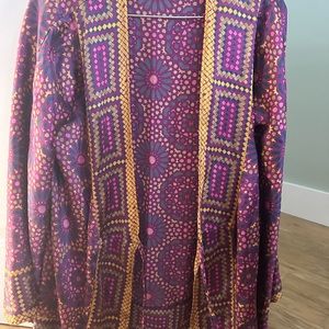 100 silk XS Coloful Kimono. Purple  with olive green, blue, golden tan pattern.